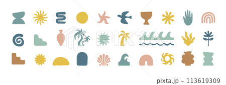 Boho groovy palm tree beach sun sea stickers. Surf club vacation and sunny summer day aesthetic. Vector illustration background in trendy retro naive simple style. Pastel yellow blue braun colors. 113619309