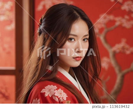 Girl in a red kimono. 113619432