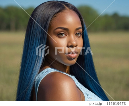 African American woman with blue hair. African American woman with blue hair. 113619478
