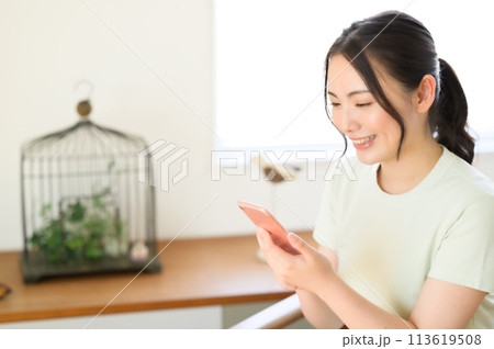 壁際に立ってスマホを見る若い女性 壁際に立ってスマホを見る若い女性 113619508