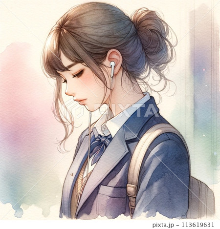 イヤホンで音楽を聴く女子学生2【AI生成画像】 イヤホンで音楽を聴く女子学生2【AI生成画像】 113619631