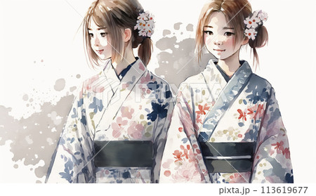 おそろいの浴衣姿で花火大会かお祭りに出かける仲良しの女友達たち