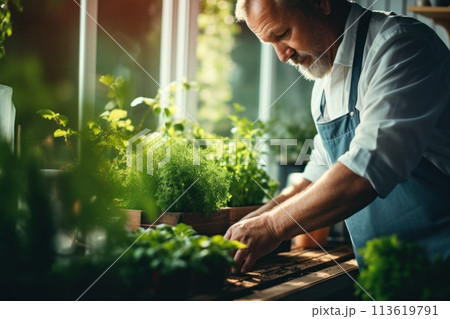 Man Tending to Rosemary Plant on Kitchen Windowsill 113619791