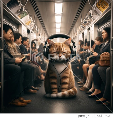 電車でヘッドホンをする猫 113619808