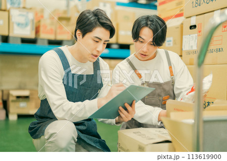 倉庫での軽作業をするエプロン姿の作業員 113619900