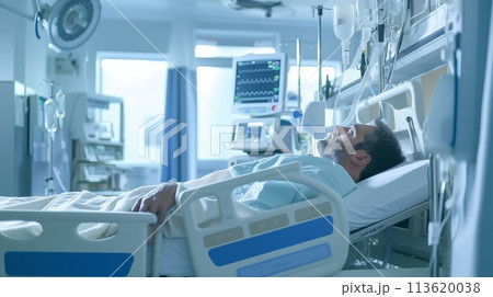 Patient in emergency room filled with modern medical equipment 113620038