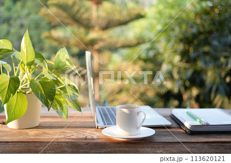 Laptop side view and coffee cup with notebooks on white table outdoor 113620121