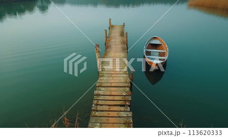 Serene Winter Morning by the Lake With a Lone Boat Waiting at the Dock 113620333