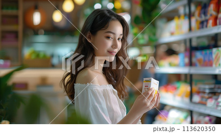 A woman stands in a grocery store aisle, carefully comparing products on the shelves. The process of informed decision-making while shopping. Generative AI. A woman stands in a grocery store aisle, carefully comparing products on the shelves. The process of informed decision-making while shopping. Generative AI. 113620350
