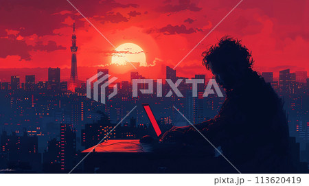 徹夜明けのビジネスマン：オフィスで徹夜をして朝日が上がろうとしている