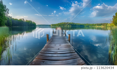Tranquil Spring Time at a Secluded Lake With a Wooden Dock in the Serenity of Nature Tranquil Spring Time at a Secluded Lake With a Wooden Dock in the Serenity of Nature 113620434