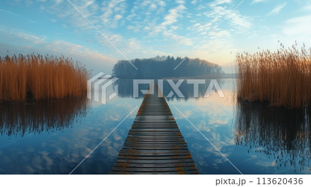 Tranquil Spring Time at a Secluded Lake With a Wooden Dock in the Serenity of Nature Tranquil Spring Time at a Secluded Lake With a Wooden Dock in the Serenity of Nature 113620436