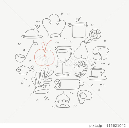 Food Cooking One Continuous Line Drawing Sign Emblem Icon Round Design Template. Vector 113621042
