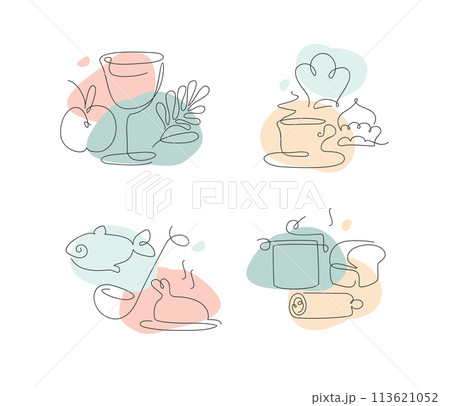 Cooking One Continuous Line Drawing Sign Emblem Set. Vector Cooking One Continuous Line Drawing Sign Emblem Set. Vector 113621052