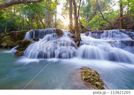 wonder Waterfall in deep rain forest jungle (Huay Mae Kamin Waterfall National Park in Kanchanaburi Province, Thailand) 113621205