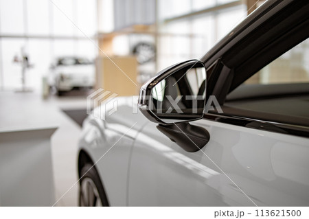 Side mirror on white car. 113621500