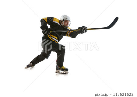 Determined man, hockey player preparing for competition in motion, training isolated on white background 113621622