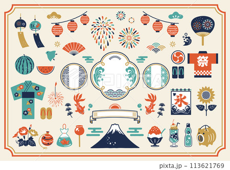 夏の和風素材と和柄フレーム 113621769