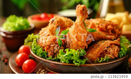 Spice crispy fried chicken paired with fresh vegetables delight Spice crispy fried chicken paired with fresh vegetables delight 113621959