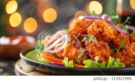 Hot and spicy fried chicken paired with fresh, crisp vegetables Hot and spicy fried chicken paired with fresh, crisp vegetables 113621960