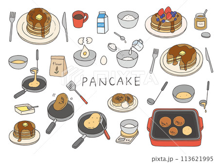 パンケーキにまつわる手描きイラストセット（カラー）のイラスト素材