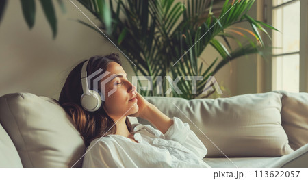 Woman relaxing at home listening to music with headphones in modern cozy interior with green plants 113622057