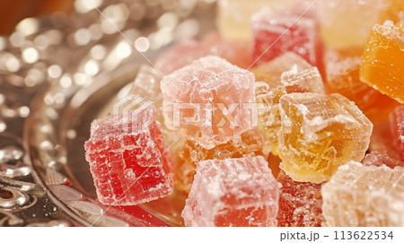Turkish delight Colorful sugar coated starch cubes in cube shapes 113622534