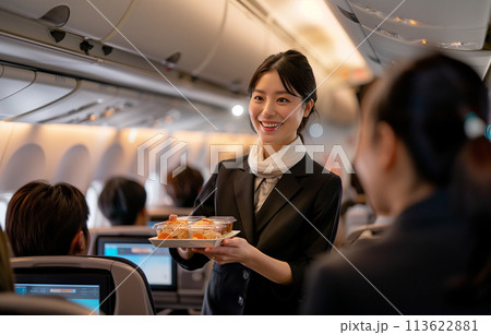料理を運ぶキャビンアテンダント 料理を運ぶキャビンアテンダント 113622881