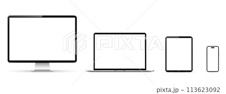Cellphone, tablet, laptop and computer monitor with blank screen mockup 113623092