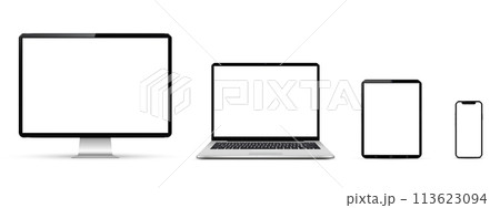 Realistic monitor computer, laptop, tablet, smartphone. Modern digital devices. Realistic monitor computer, laptop, tablet, smartphone. Modern digital devices. 113623094