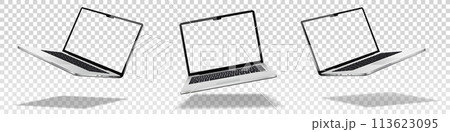 Flying laptop mock up with transparent screen isolated 113623095