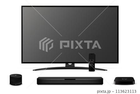 Blank television screen, soundbar, tv set-top box and smart speaker. Blank television screen, soundbar, tv set-top box and smart speaker. 113623113