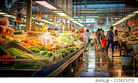 新鮮な野菜が並んだ青果市場の風景 113623255