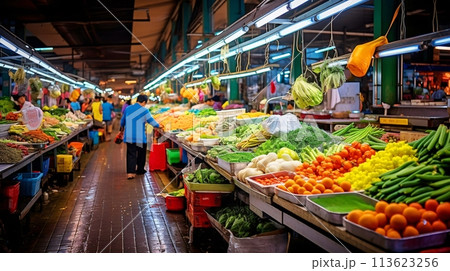 新鮮な野菜が並んだ青果市場の風景 113623256