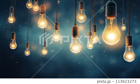 Lightbulbs hanging from sky depict ideas illuminating creativity 113623273