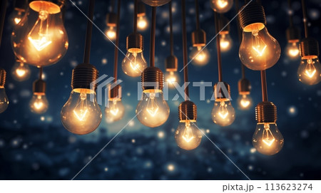 Lightbulbs in sky, symbolize illuminations, ideas in illustrations 113623274