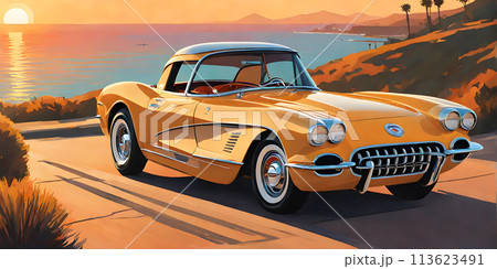 1960s California summer: retro car cruising coastal highway 1960s California summer: retro car cruising coastal highway 113623491