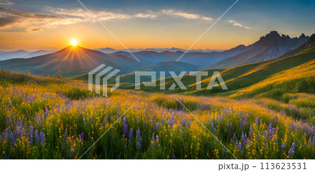 Golden sunlight bathing a serene landscape 113623531