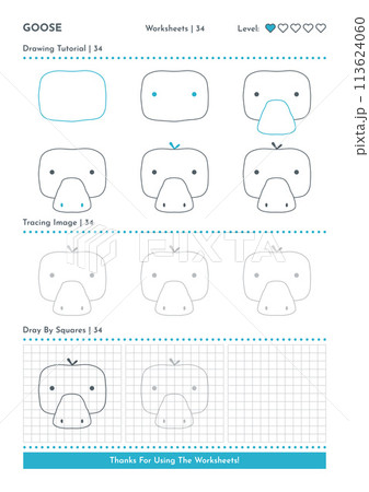 How to Draw Doodle Animal Goose, Cartoon Character Step by Step Drawing Tutorial. Activity Worksheets For Kids 113624060