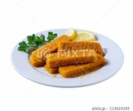Fish fingers in a plate isolated on white background. Crispy breaded deep fried fish fingers with breadcrumbs on a plate isolated . 113624285