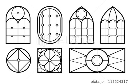 Gothic stained glass windows black and white linear vector illustration isolated. 113624317