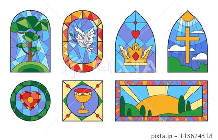 Church-inspired stained glass vector set on white background. Church-inspired stained glass vector set on white background. 113624318