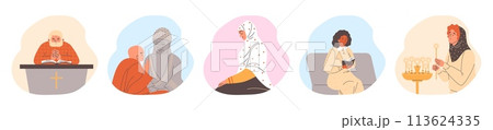 Prayed people, set of cartoon style vector illustration on white background 113624335
