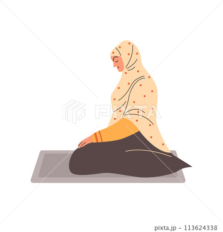 Vector illustration of woman in hijab sitting peacefully on prayer mat Vector illustration of woman in hijab sitting peacefully on prayer mat 113624338