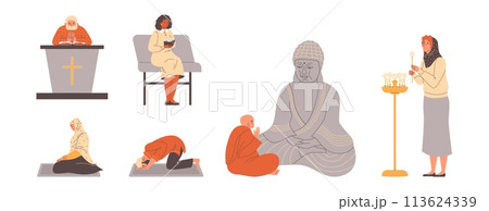 Set of vector illustration of diverse religious practices depicted through prayer, reading scripture, lighting candles. Set of vector illustration of diverse religious practices depicted through prayer, reading scripture, lighting candles. 113624339