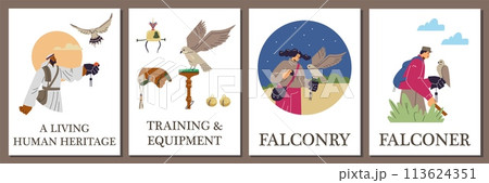 People, Arab falconers with hawking glove and falcon in the forest or desert nature, vector Falconry vector posters set People, Arab falconers with hawking glove and falcon in the forest or desert nature, vector Falconry vector posters set 113624351