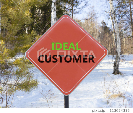 Ideal customer symbol. Concept words Ideal customer on beautiful red road sign. Beautiful forest snow blue sky background. Business ideal customer concept. Copy space. 113624353