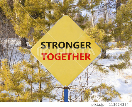 Stronger together symbol. Concept words Stronger together on beautiful yellow road sign. Beautiful forest snow blue sky background. Business, motivational and stronger together concept. 113624354
