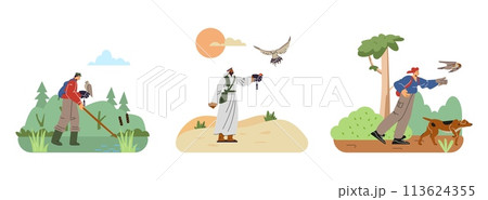 Set of people falconry flat style, vector illustration Set of people falconry flat style, vector illustration 113624355