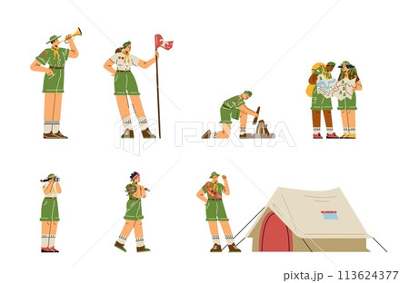 Set of scout people flat style, vector illustration isolated on white 113624377